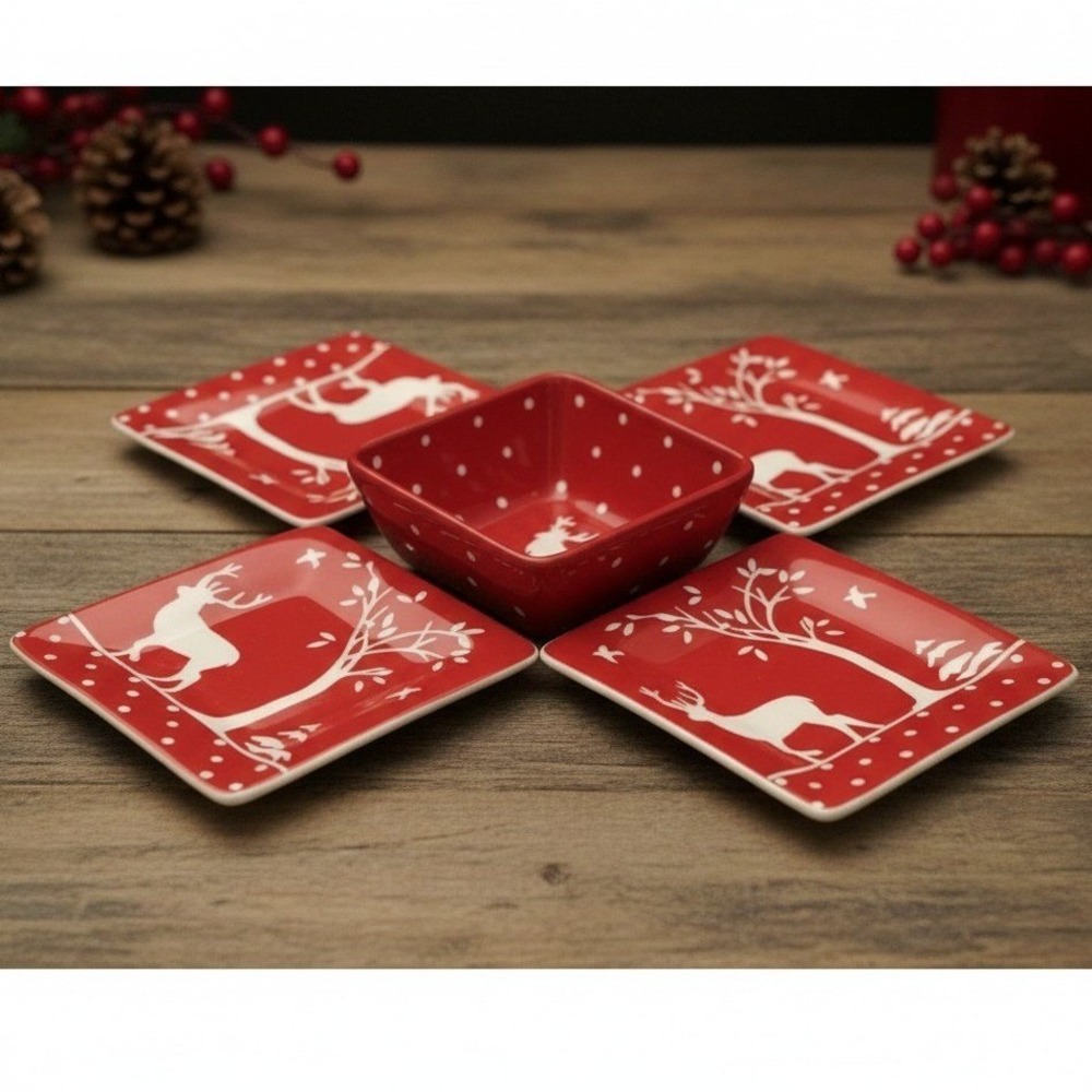 Mesa Home Products Deer Appetizer Plates‎ & Bowl, Five Piece Set, Vtg Serveware